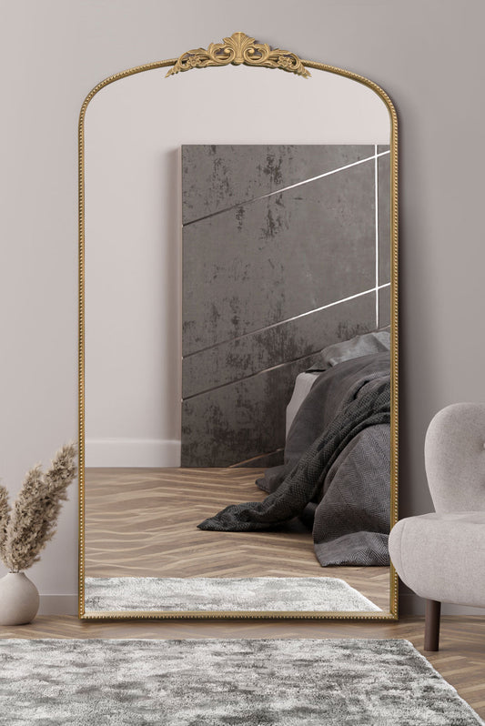 Regal Elegance - 68" X 38" Gold Arched Wall Mirror with Ornate Crown Design (174CM X 96CM)-1