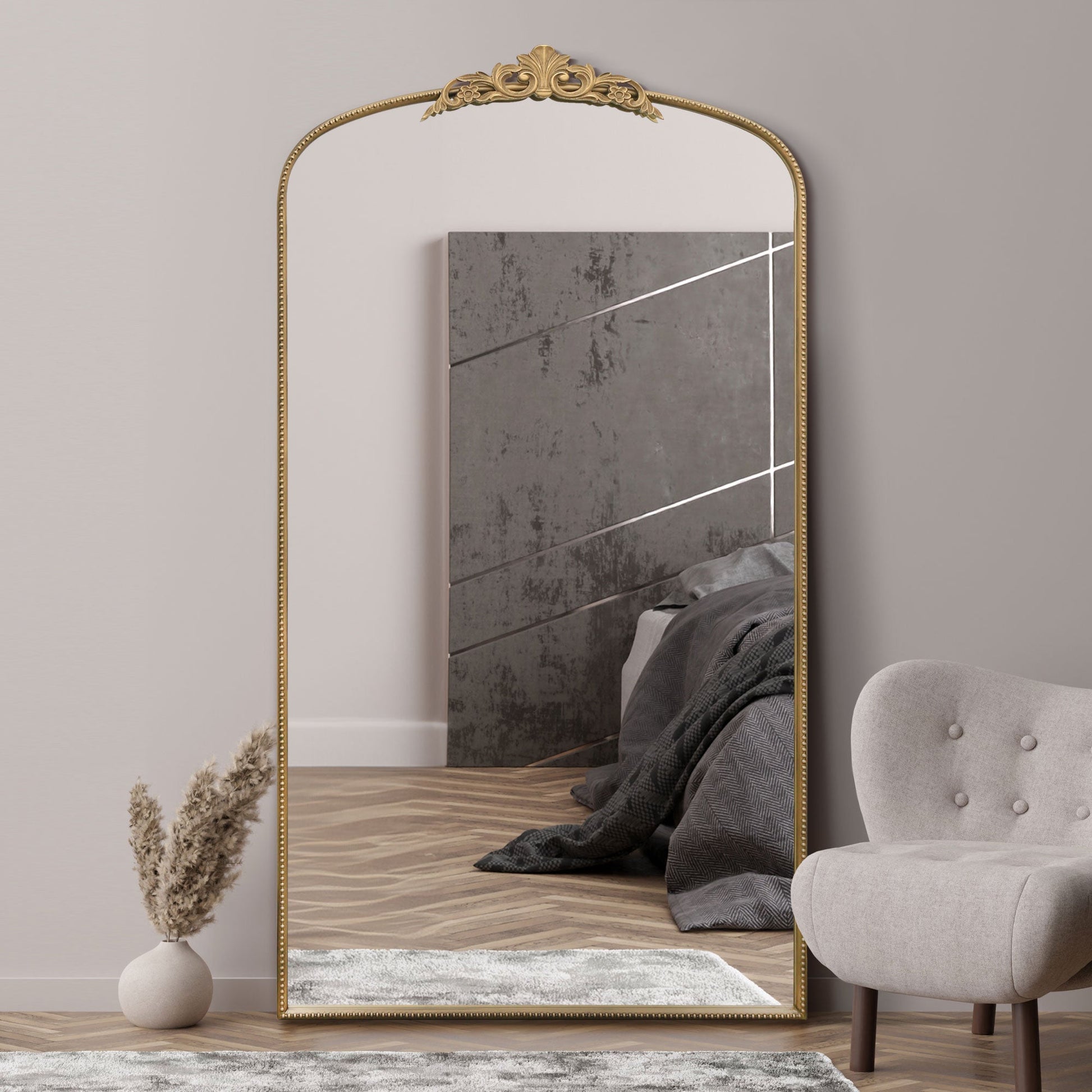 Regal Elegance - 68" X 38" Gold Arched Wall Mirror with Ornate Crown Design (174CM X 96CM)-5