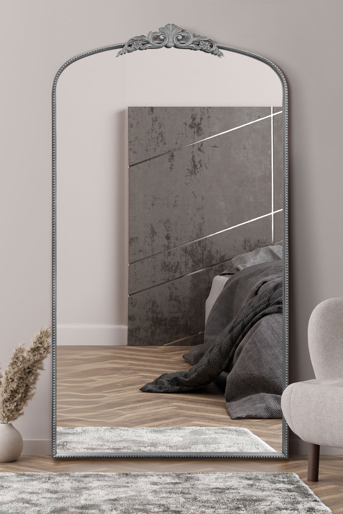 Regal Reflection - 68" X 38" Silver Framed Arched Wall Mirror with Crown Design (174CM X 96CM)-1