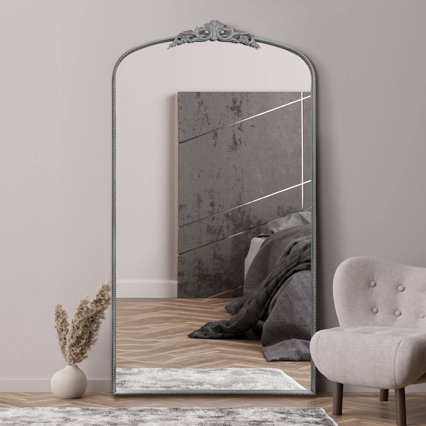 Regal Reflection - 68" X 38" Silver Framed Arched Wall Mirror with Crown Design (174CM X 96CM)-5