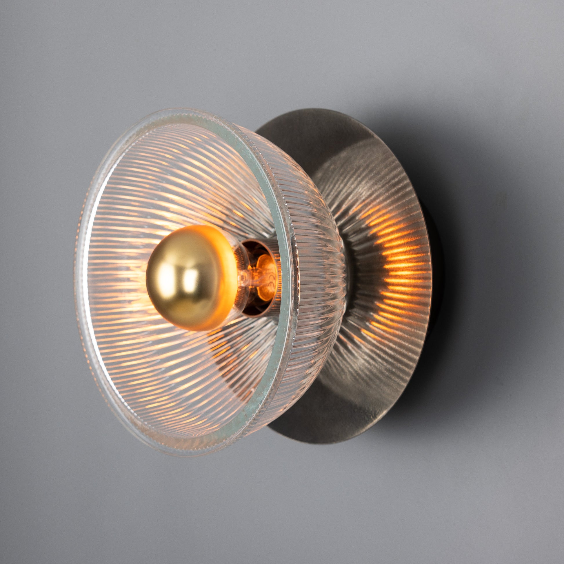 Eclipse Brass and Holophane Glass Dish Wall Light Product Shot