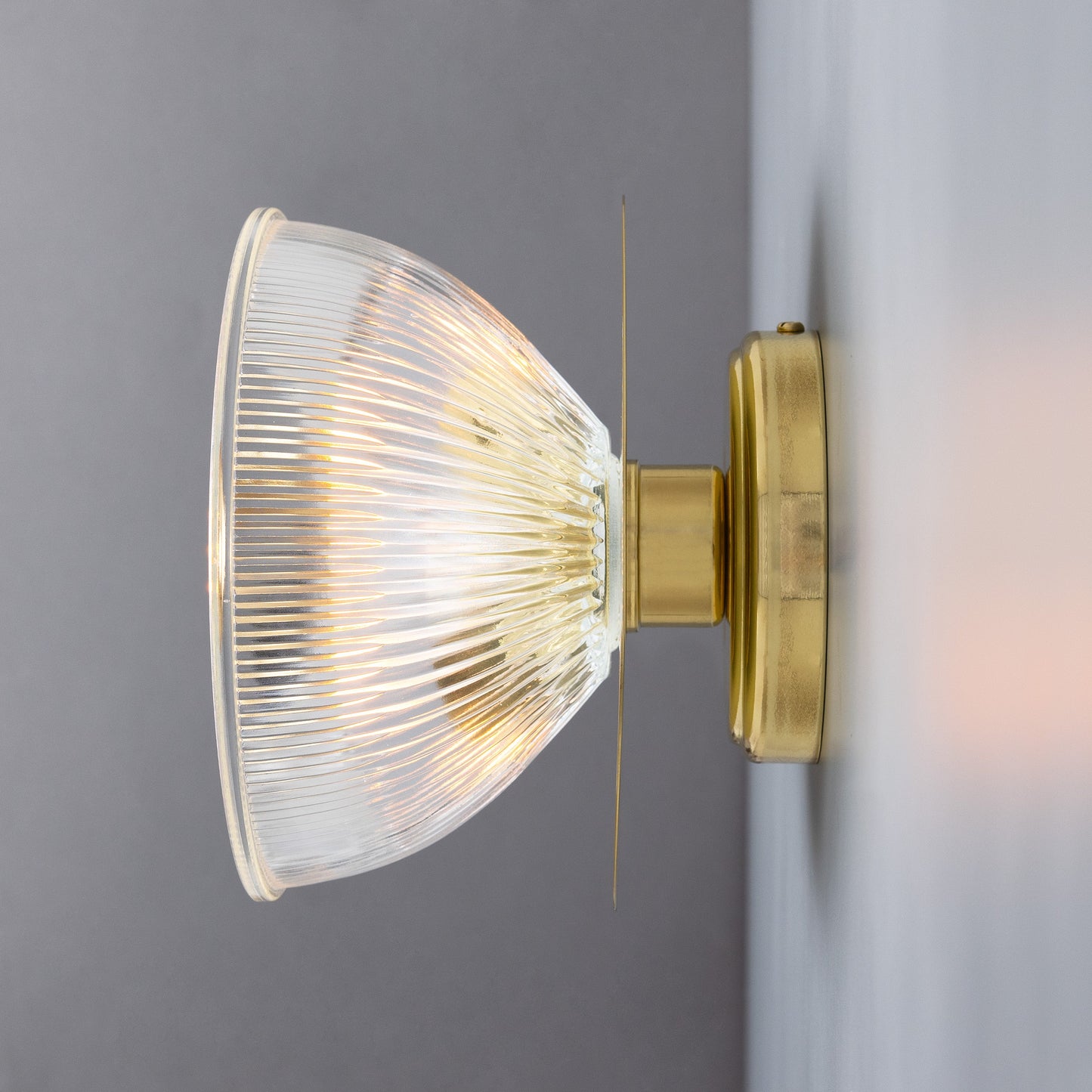 Eclipse Brass and Holophane Glass Dish Wall Light Product Shot