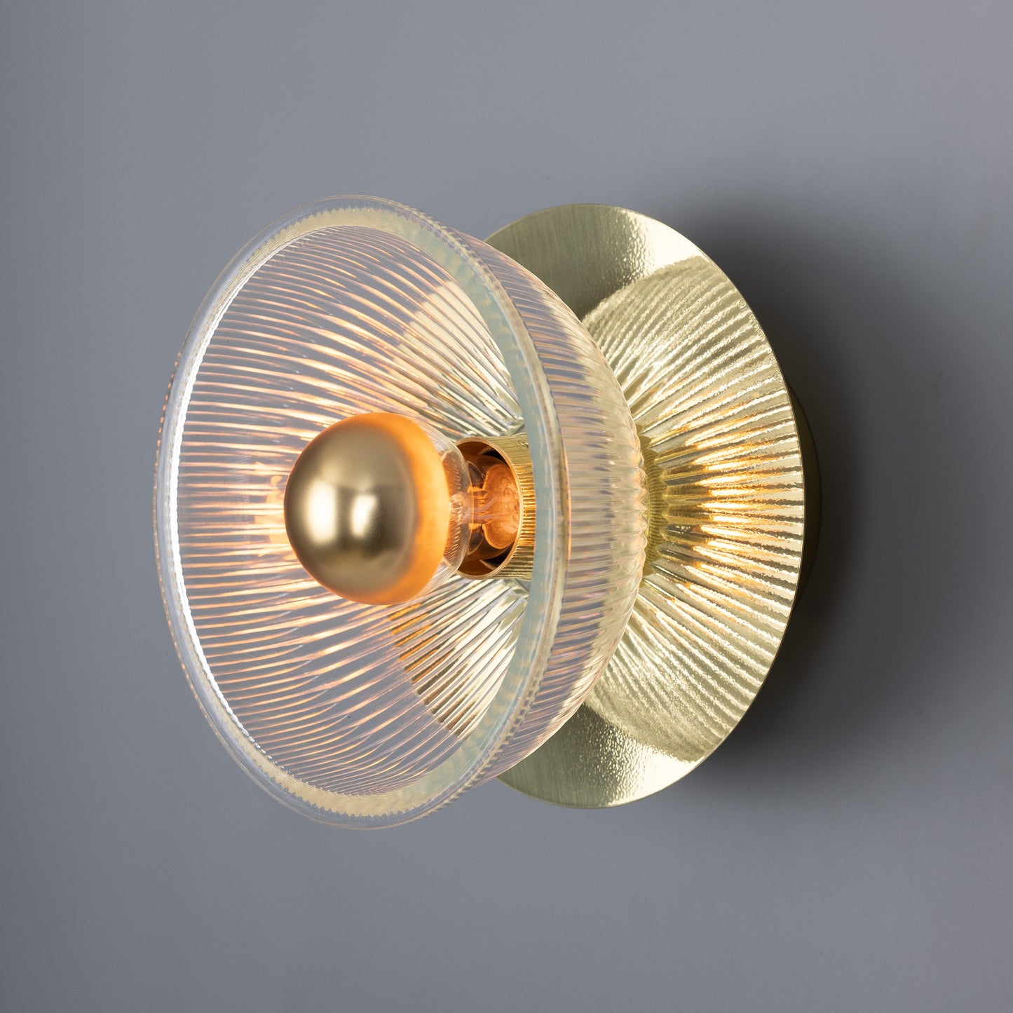 Eclipse Brass and Holophane Glass Dish Wall Light Product Shot