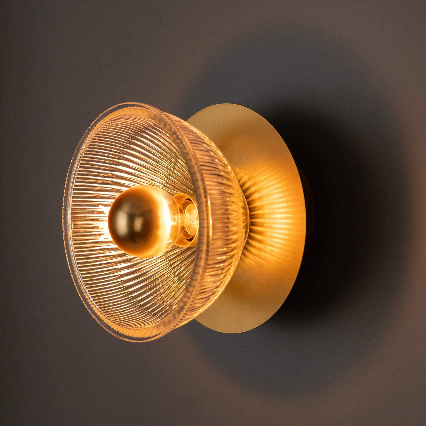 Eclipse Brass and Holophane Glass Dish Wall Light Product Shot