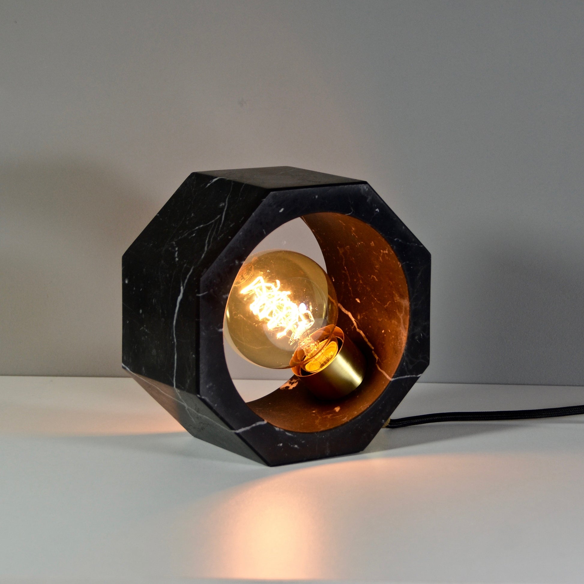 Octagon Table Lamp black marble, front on