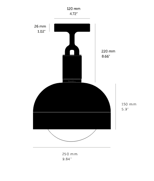 Forked Ceiling Light / Shade / Globe / Smoked / Medium Gun metal, Dimenions.