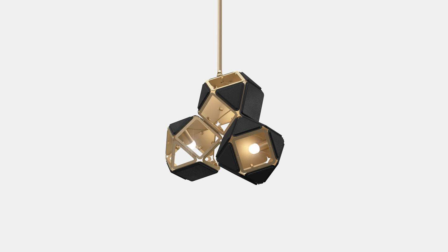 Welles Triple Pendant SM Satin Brass Black Leather