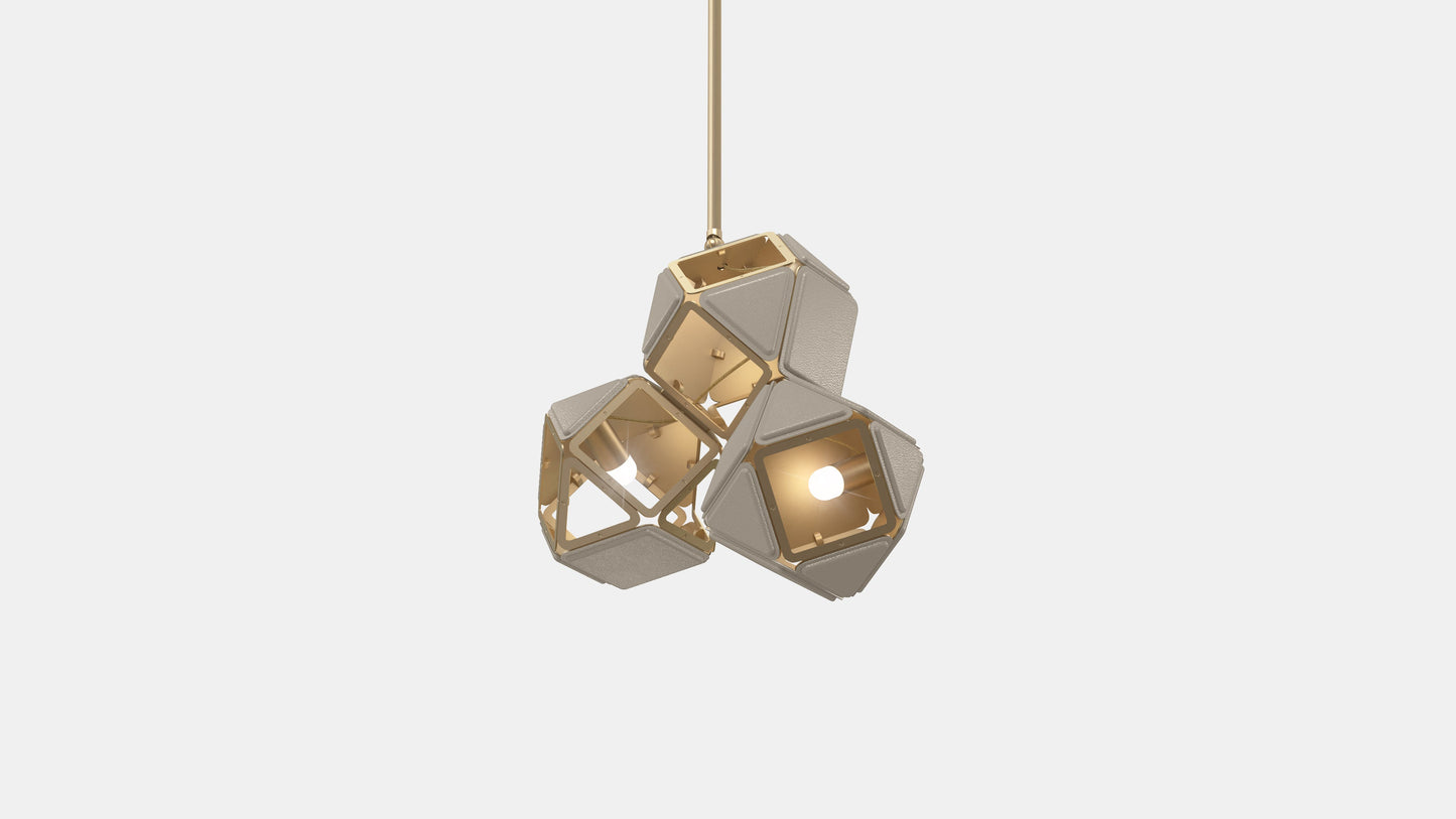 Welles Triple Pendant SM Satin Brass Gray Leather