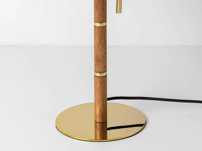 Wooden and Brass Disk Table Lamp, close up of base