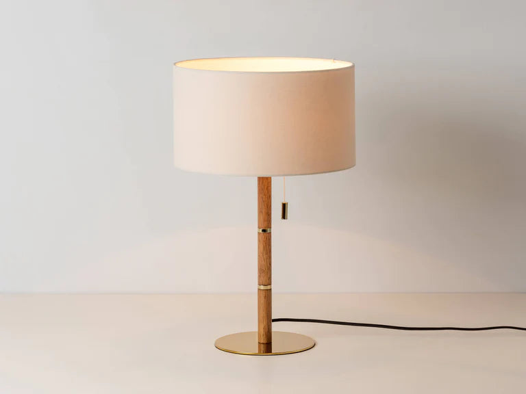 Wooden and Brass Disk Table Lamp, front on