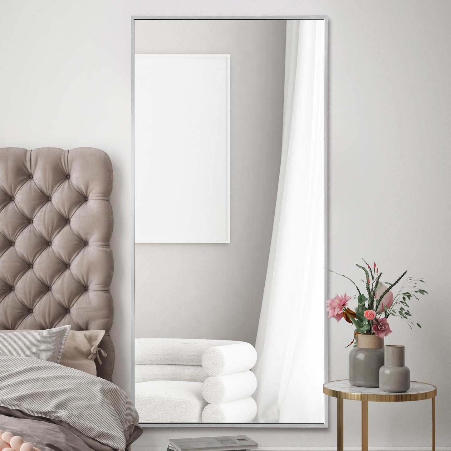 The Artus - Sleek Silver Aluminium Framed Leaning Mirror 68" X 33" (174CM X 85CM)-9