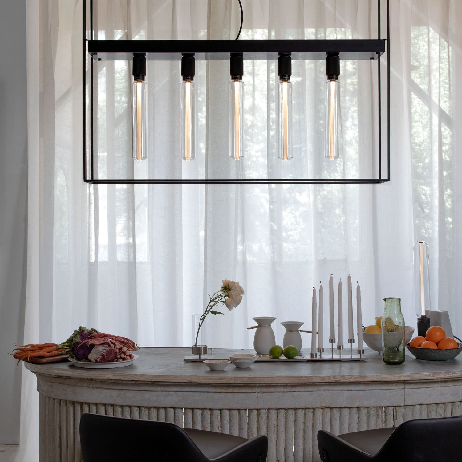 Caged Ceiling Light 5.0, black marble front view in setting.