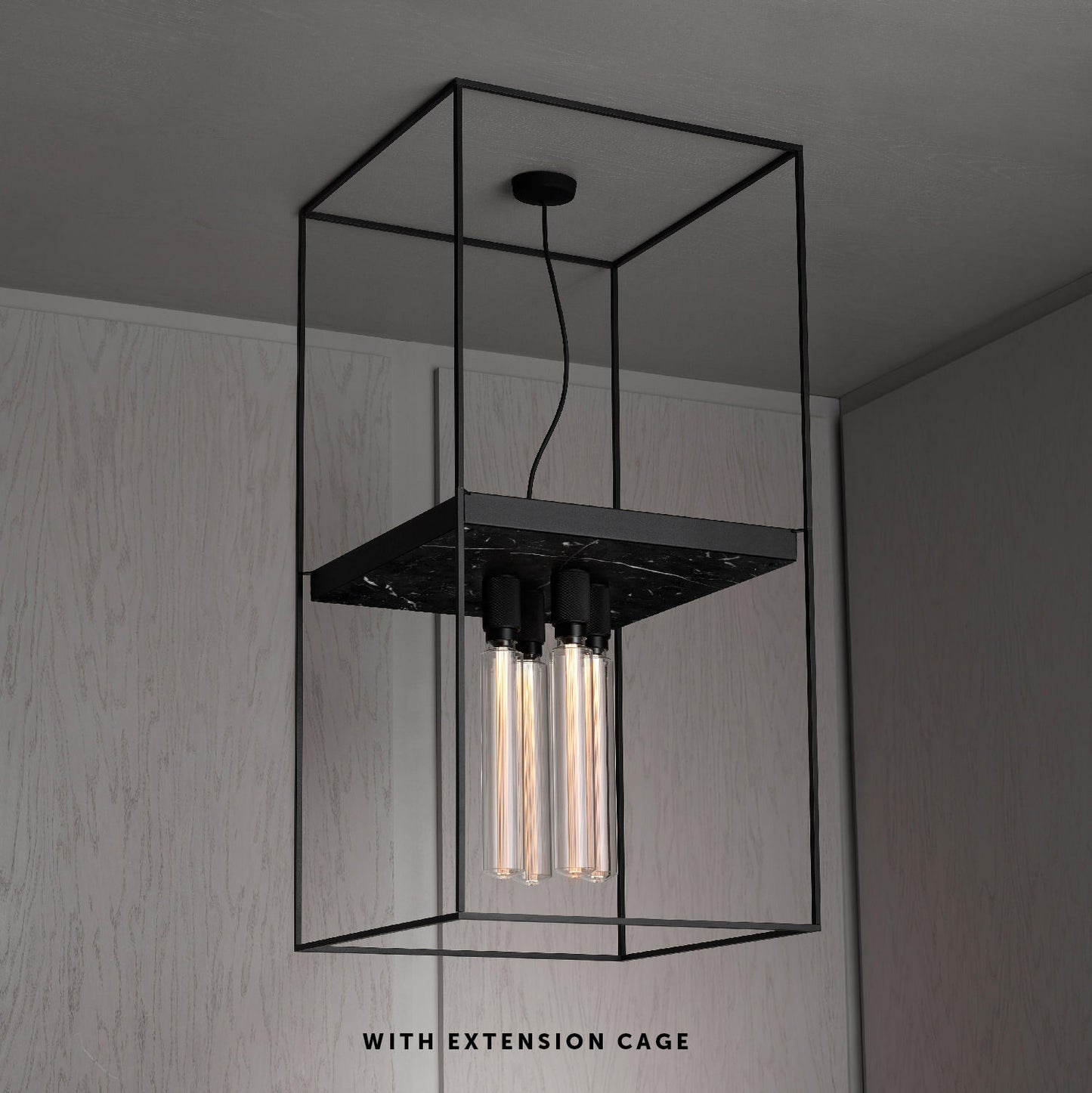 Caged Ceiling Light 4.0 Black Marble with extensions, front view.