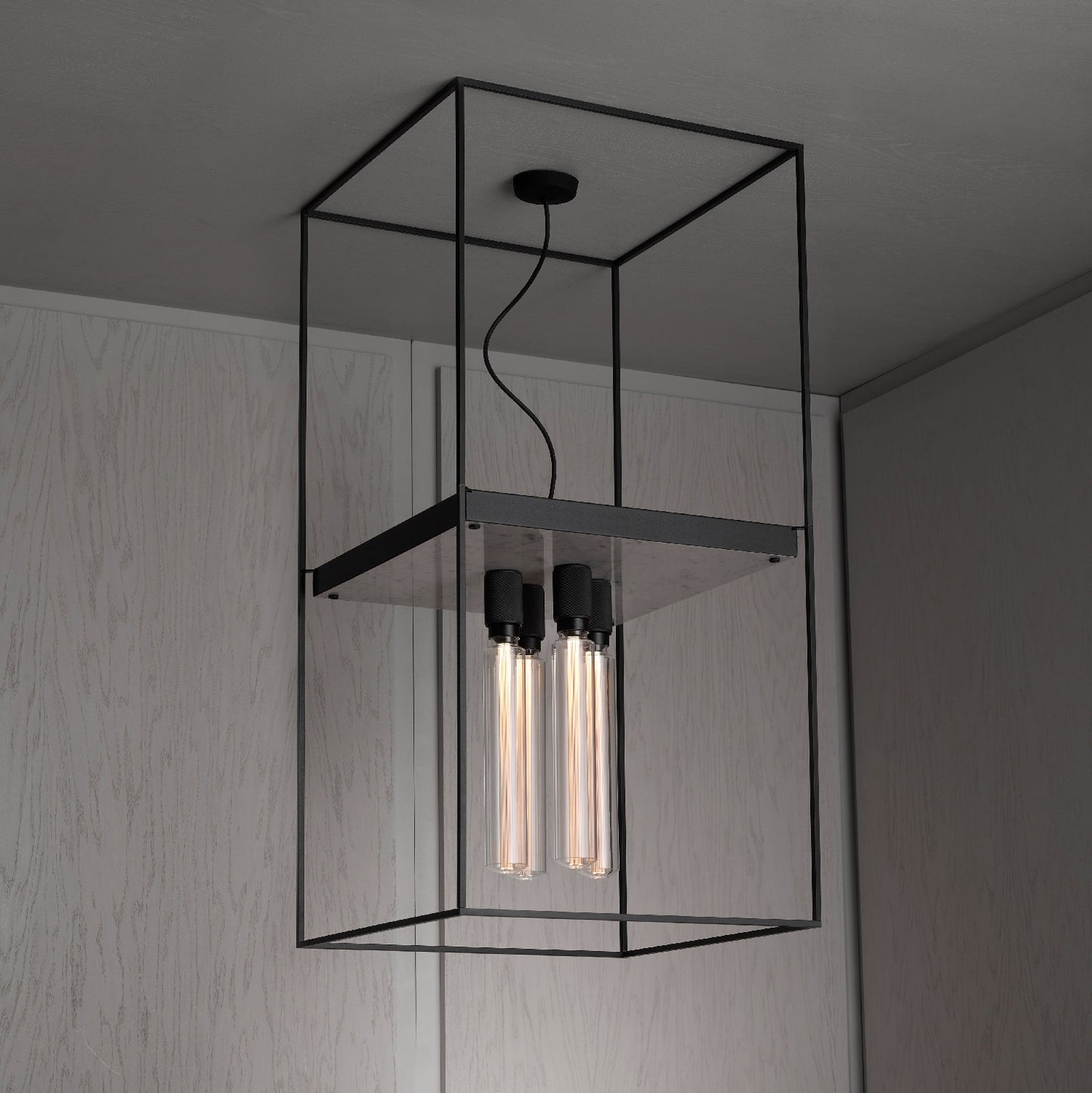 Caged Ceiling Light 4.0 White Marble with extensions, front view.