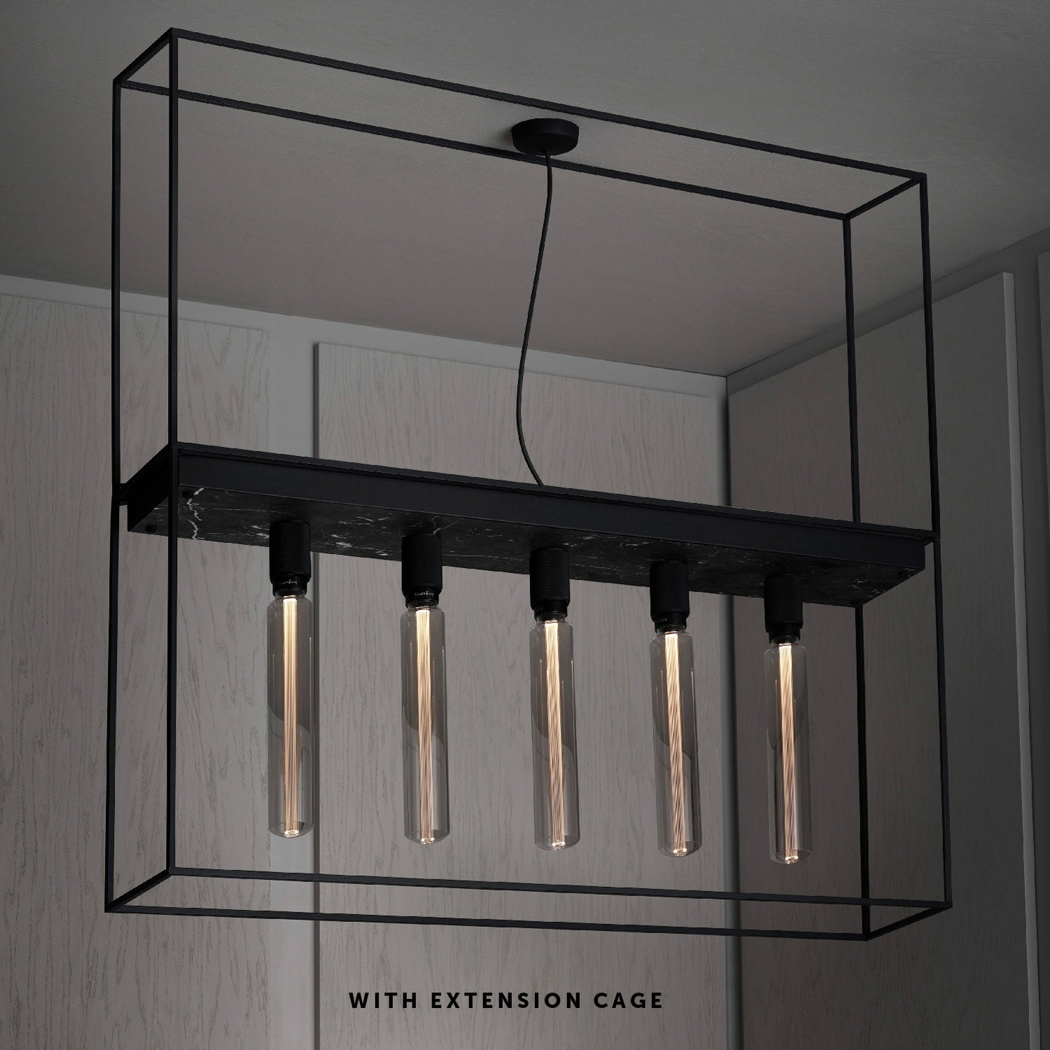 Caged Ceiling Light 5.0, black marble with extension front view.