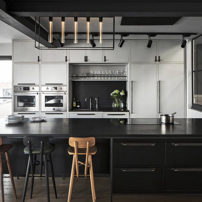 Caged Ceiling Light 5.0, Black marble in kitchen setting.