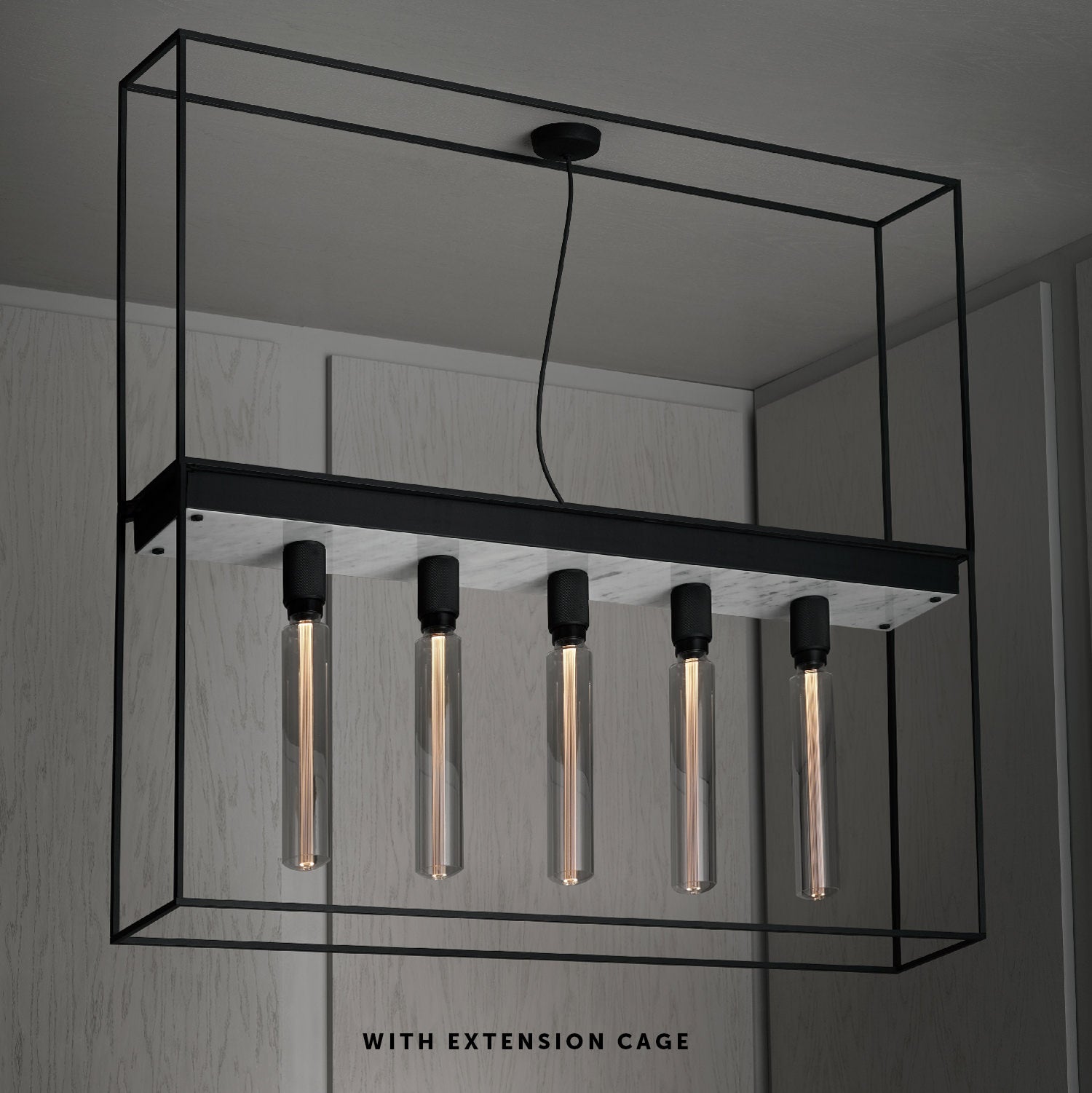 Caged Ceiling Light 5.0, White marble with extension front view.