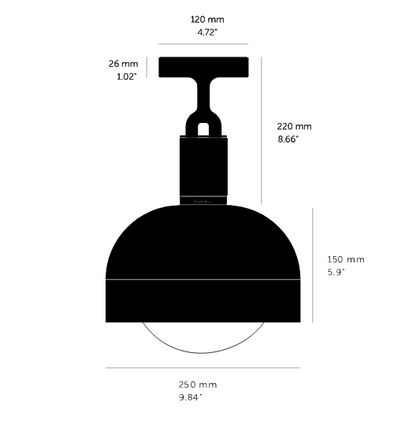 Forked Ceiling Light / Shade / Globe / Opal / Medium burnt steel, dimensions.