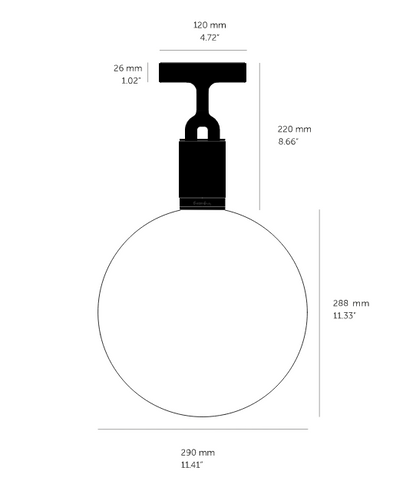 Forked Ceiling Light / Globe / Smoked / Large Brass, Dimensions.