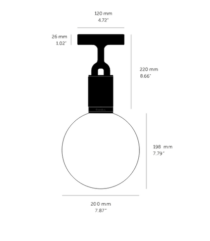 Forked Ceiling Light / Globe / Opal / Medium Steel, Dimensions.