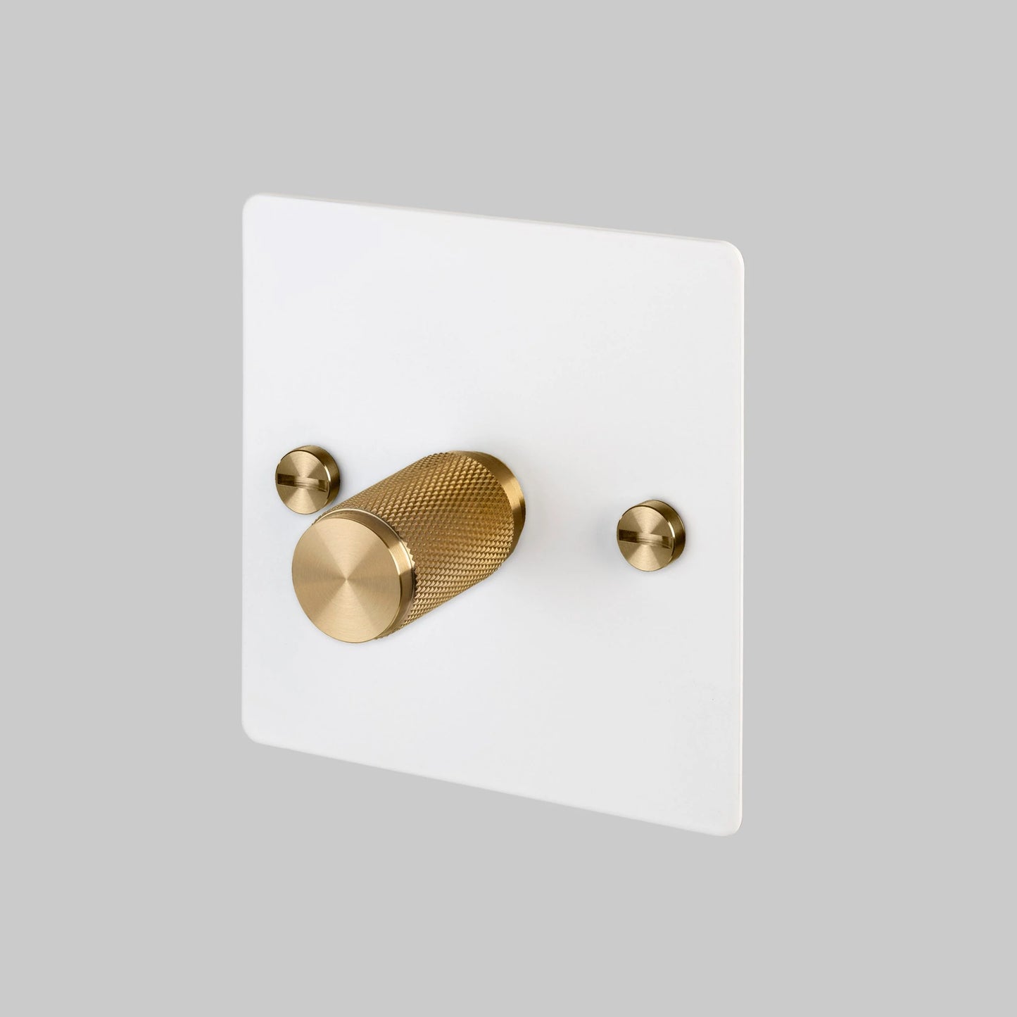 1G Dimmer/ 120W/ White with Brass details, angled view.