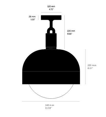 Forked Ceiling Light / Shade / Globe / Smoked / Large brass, dimensions.