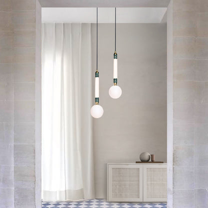 Greenstone Small Pendant Light, hanging from ceiling in hallway, duo.