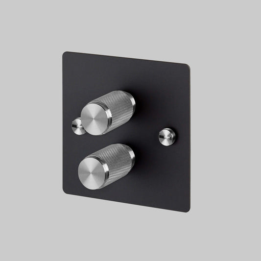 2G Dimmer/ 100W/ Black with steel details, angled view.