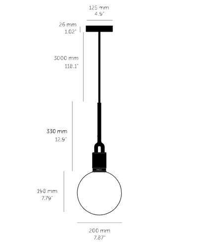 Forked pendant Light / Globe / Opal / Medium, dimensions.