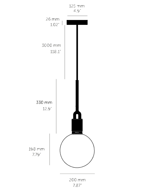 Forked pendant Light / Globe / Opal / Medium, dimensions.