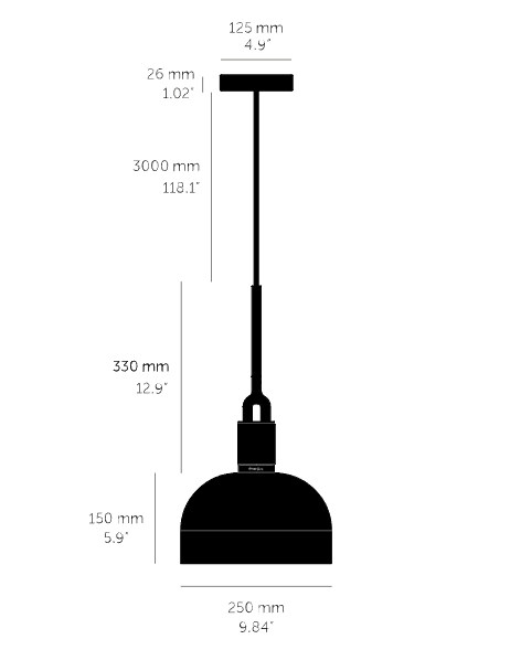 Forked Pendant Light / Shade / Globe / Opal / Medium brass, dimensions.