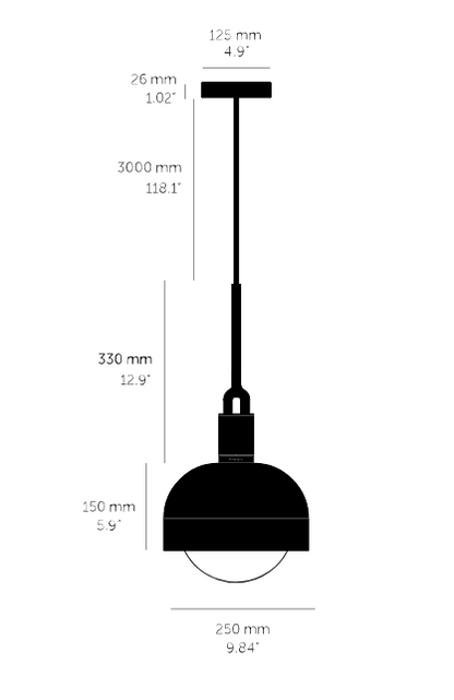 Forked Pendant Light / Shade / Globe / Smoked / Medium Gun metal, dimensions.