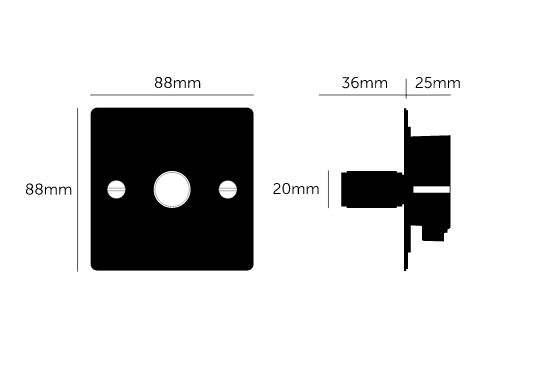 1G Dimmer/ 120W/ White with steel details, dimensions.